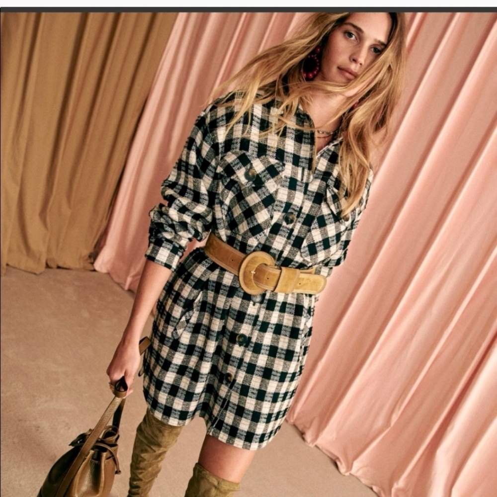 Nwt! Sezane Delfina Dress Black And White Checks Wool/alpaca/mohair